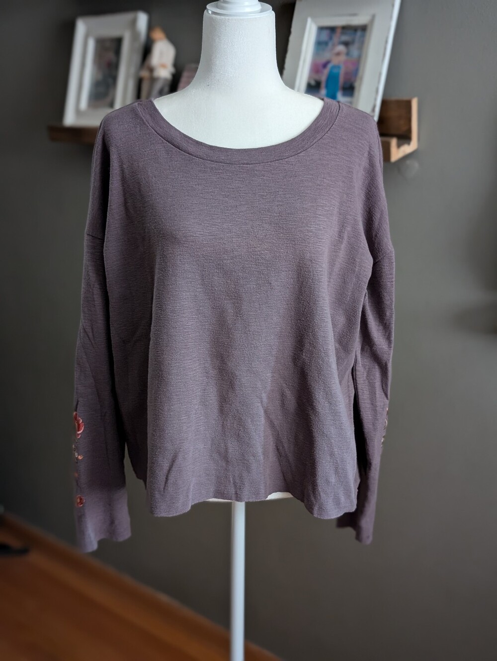 Womens Large Floral Embroidered Long Sleeve Shirt Brown Boho Pullover Relaxed